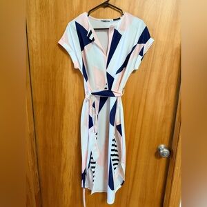 Geometric temofon Patterned Dress in Pink, Blue, and White